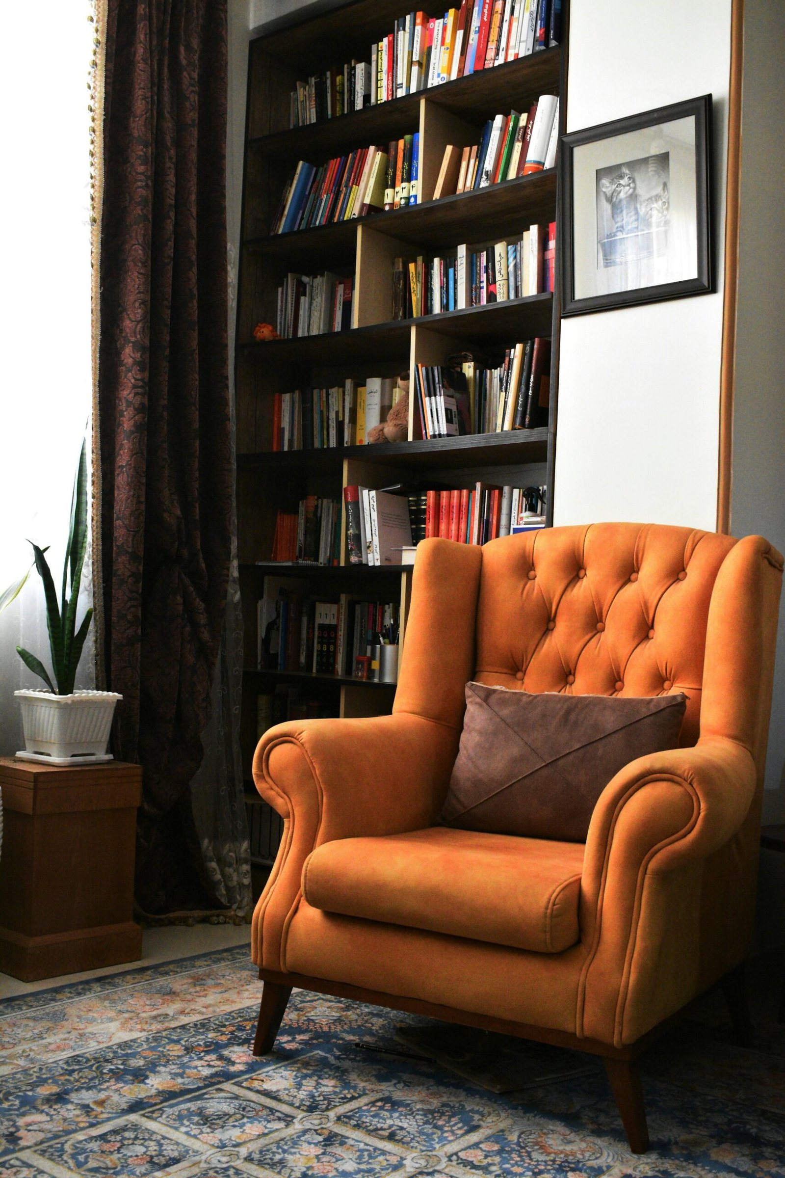 Chair in a cosy therapy room. Symbolizing calm in person therapy in Oxford